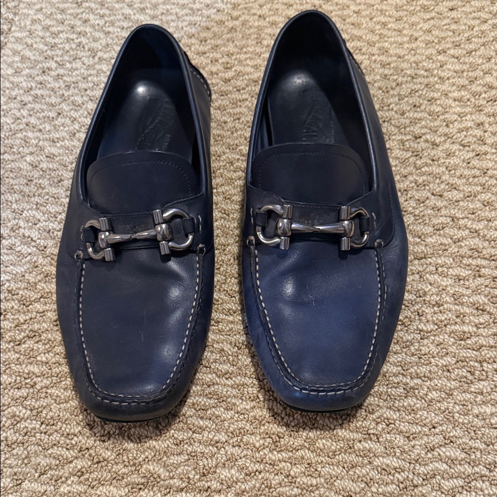 Salvatore Ferragamo Navy Loafers with Metallic Buckle